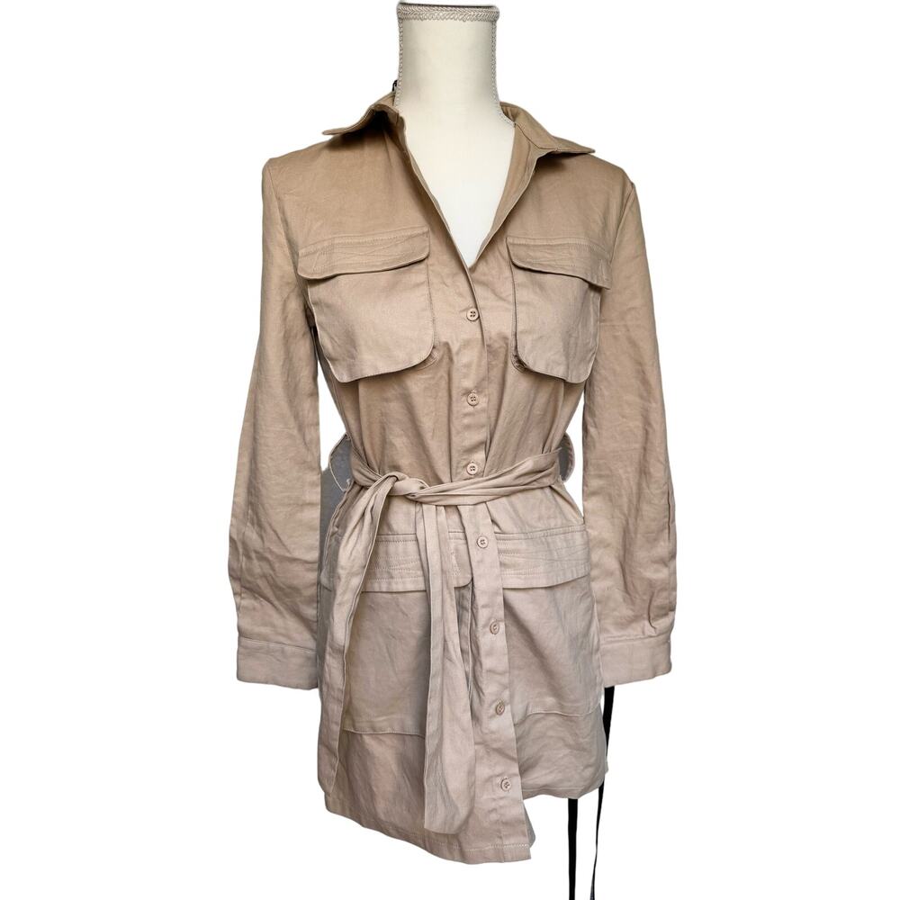 NWT Pretty Little Thing Fawn Khaki Utility Tie Waist Shirt Dress Women's Small - Picture 4 of 13